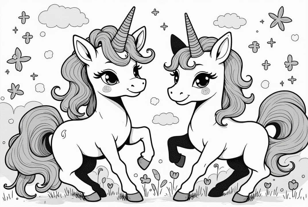 Coloring page unicorn friends in the meadow