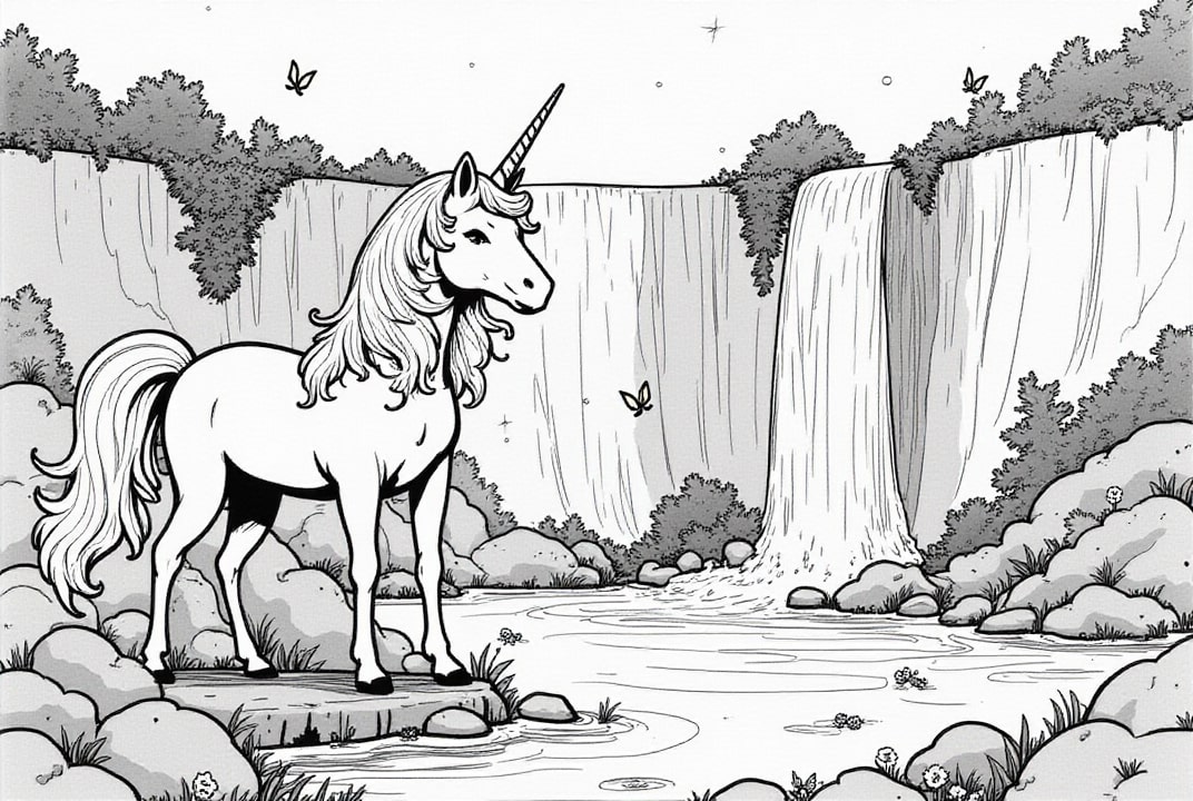 waterfall with unicorn Coloring page waterfall with unicorn