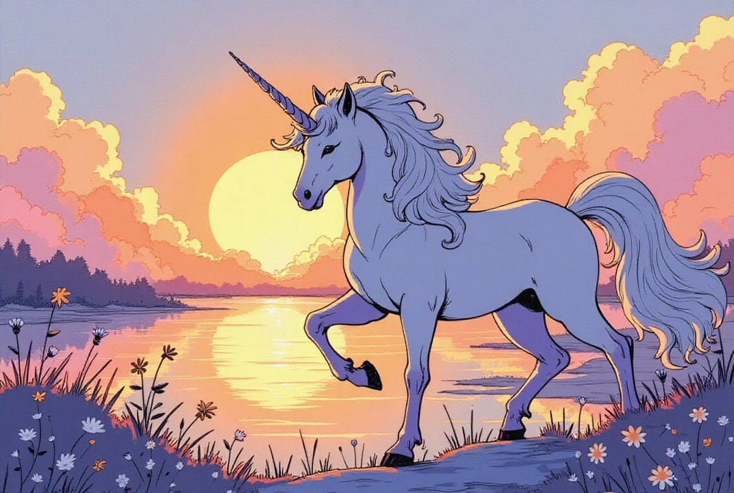 Image unicorn at sunset