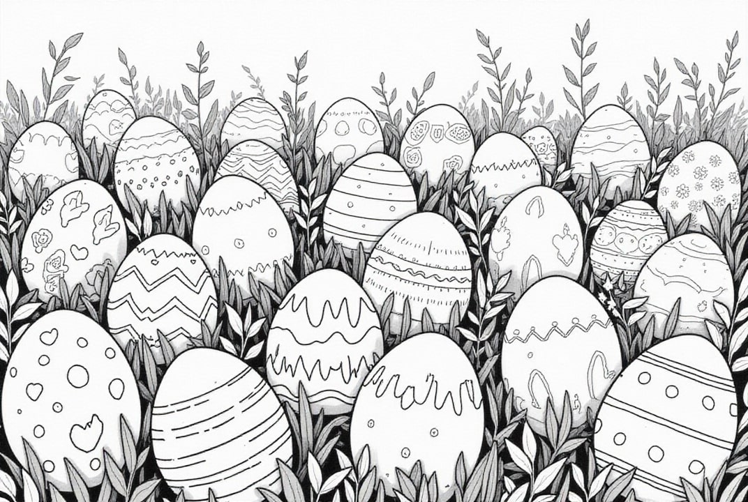 Coloring page easter eggs in the garden