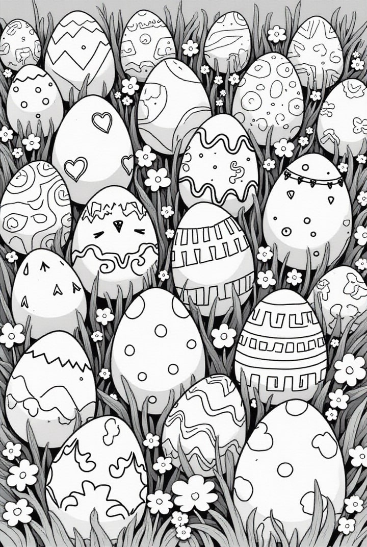 Coloring page easter eggs in the grass
