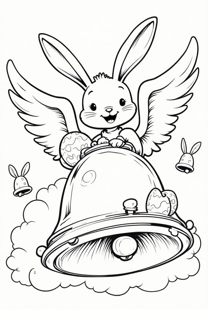 Coloring page easter bunny flies on the clock