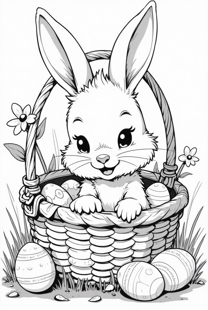 Coloring page easter bunny in the easter basket