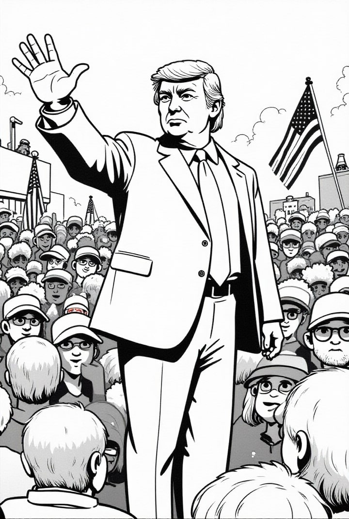 Coloring page president donald trump with supporters