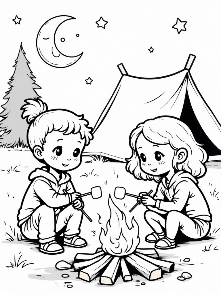 Coloring page campfire with marshmallows