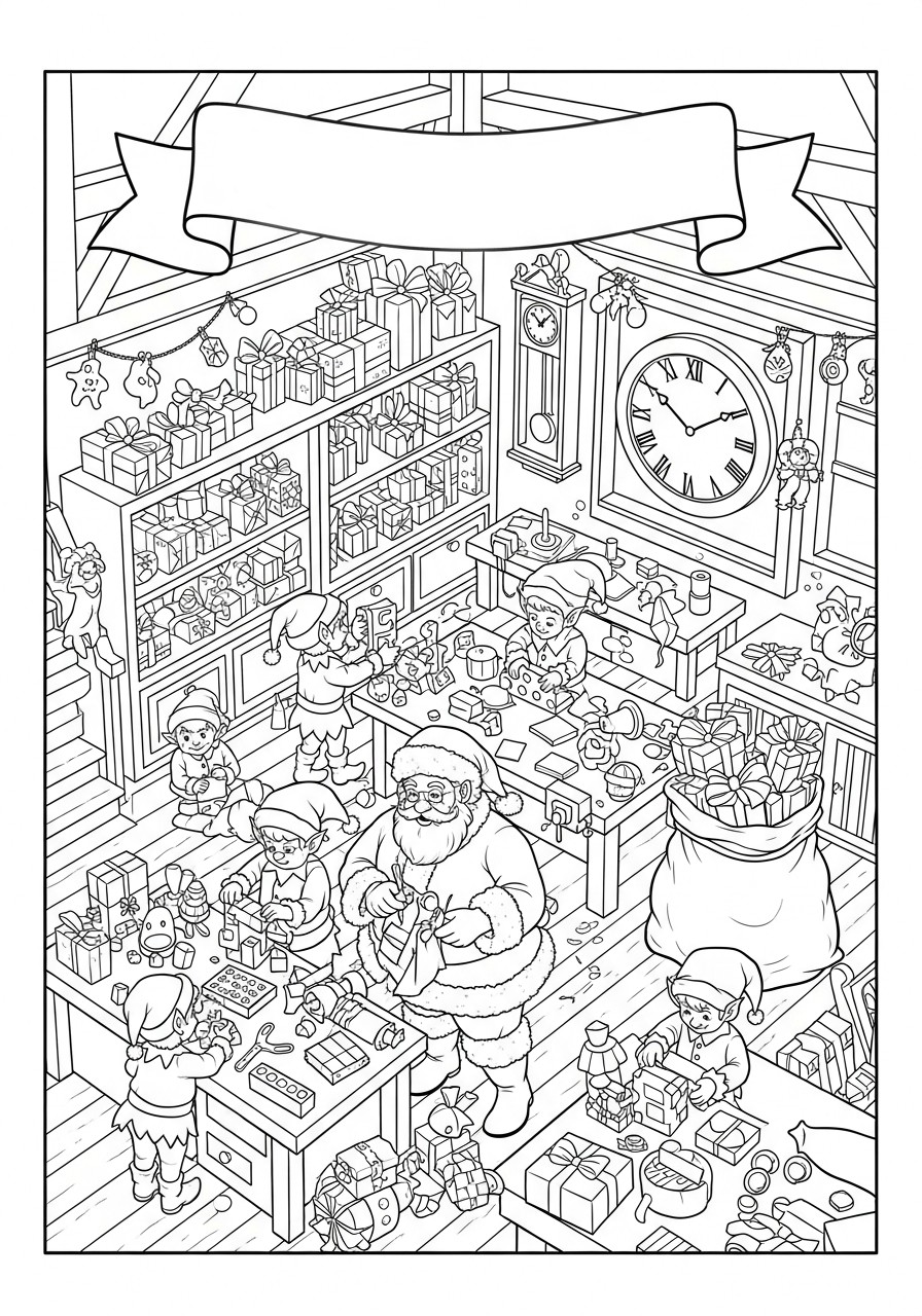Coloring page santa claus workshop with christmas elf