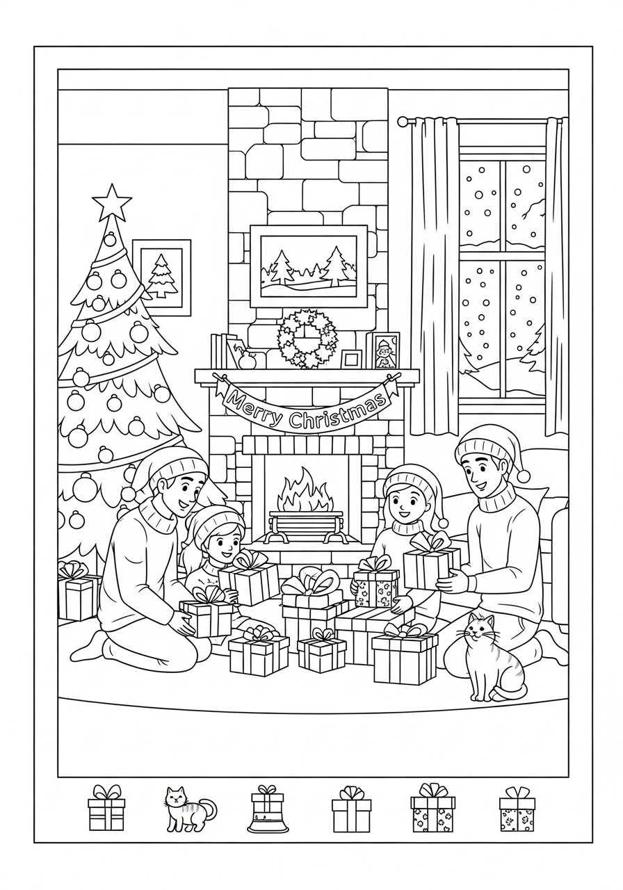 opening presents at home for christmas Coloring page opening presents at home for christmas