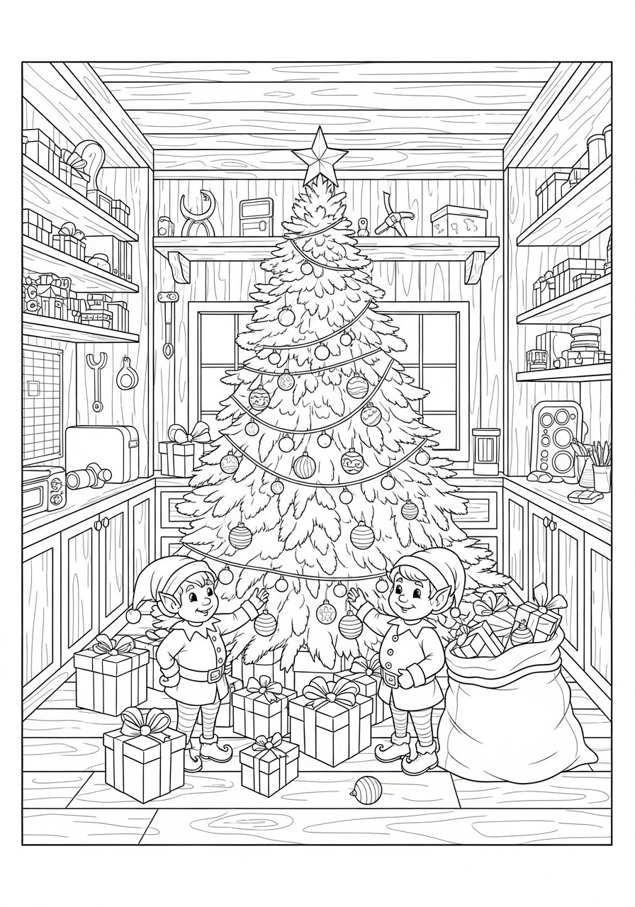 christmas elves at the christmas tree Coloring page christmas elves at the christmas tree