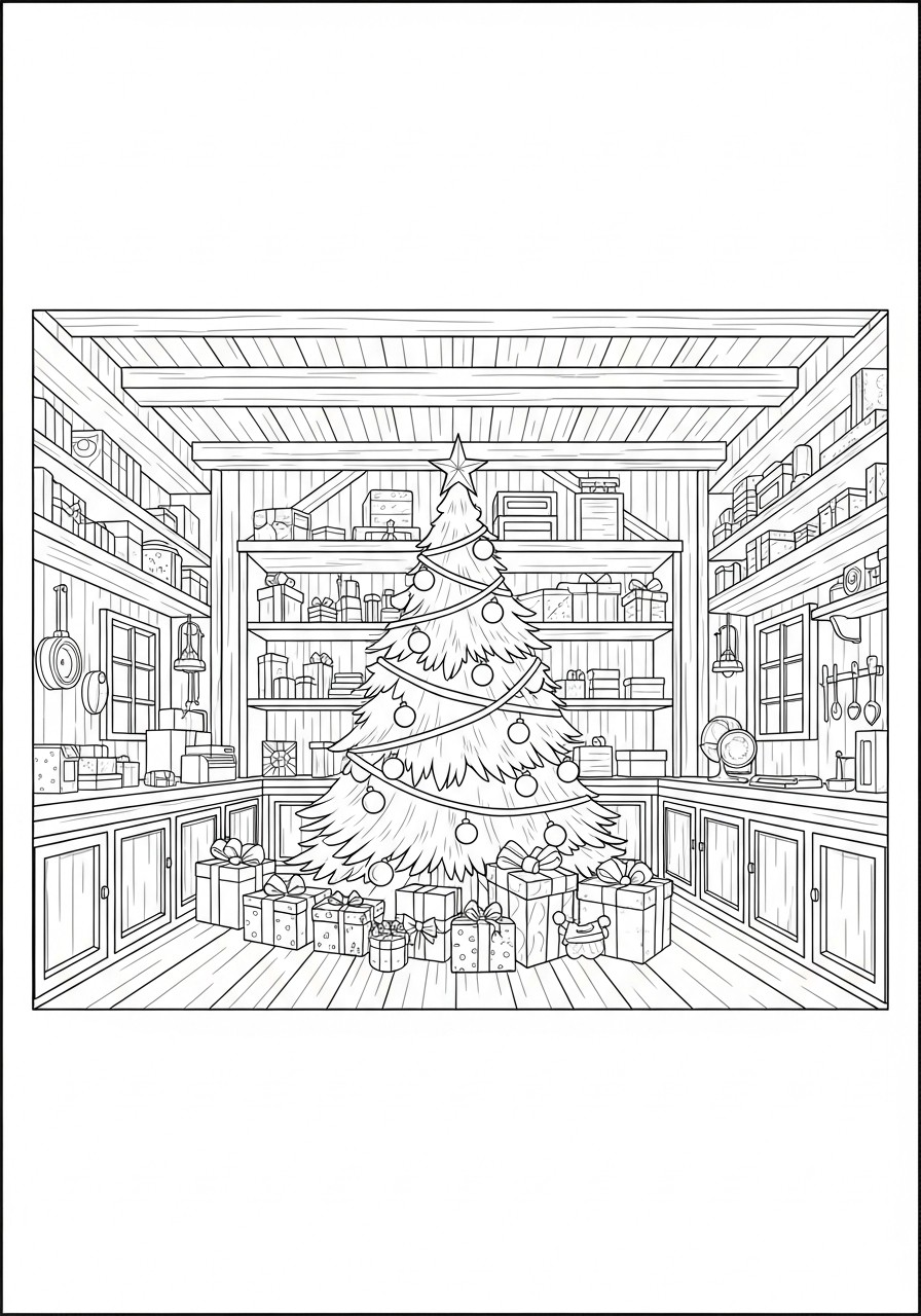 Coloring page christmas tree with presents