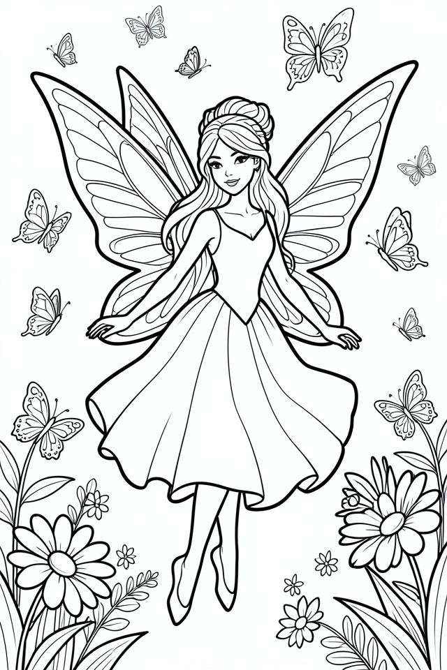 Coloring page a fairy with butterflies