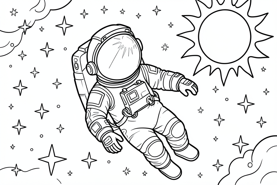 Coloring page astronaut in space with stars and the sun