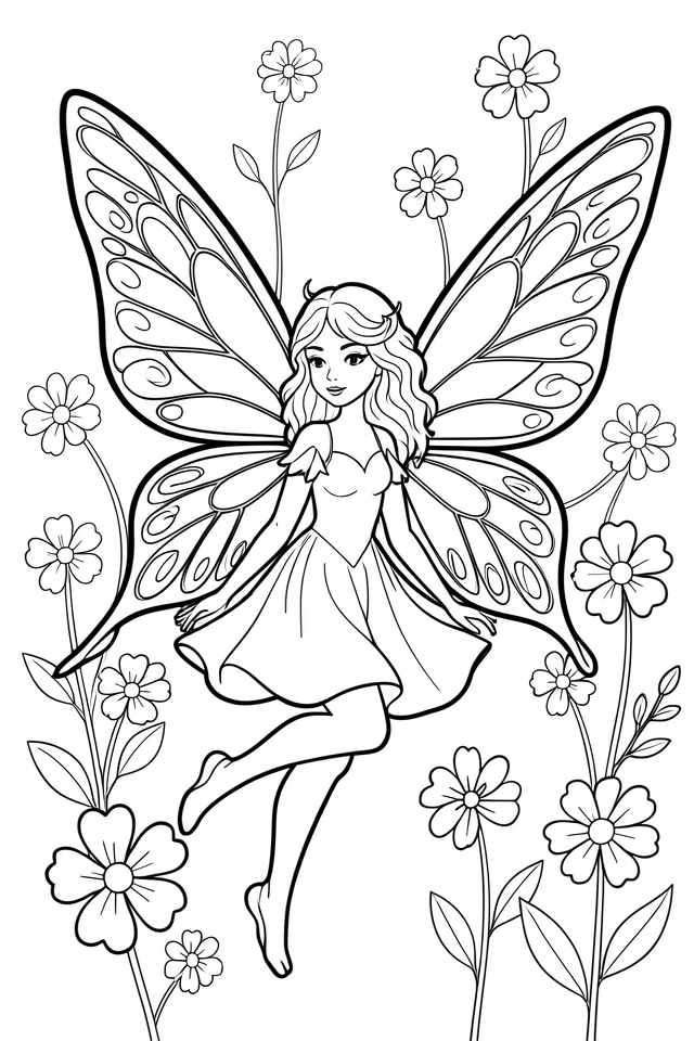 Coloring page a fairy among the flowers