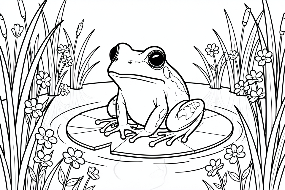 Coloring page a frog in a pond