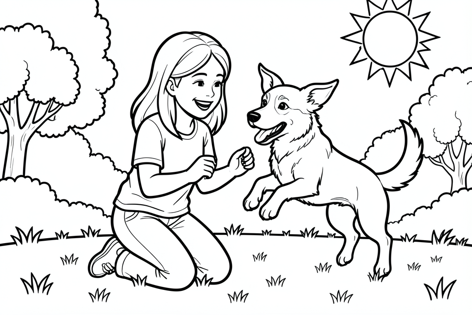 girl plays with her dog Coloring page girl plays with her dog
