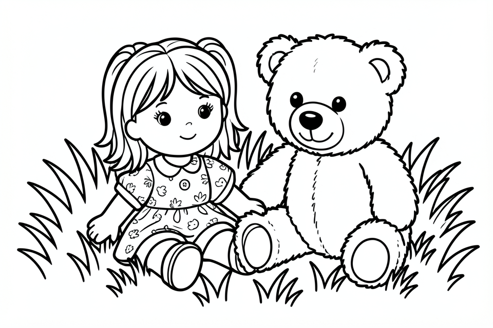 Coloring page doll and bear in the grass