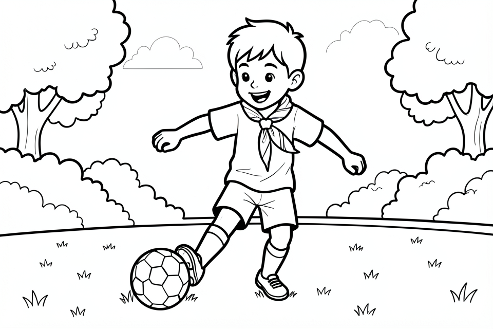 Coloring page boy plays football in the park