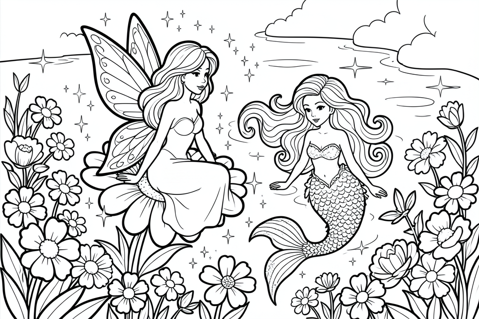 mermaid and fairy Coloring page mermaid and fairy
