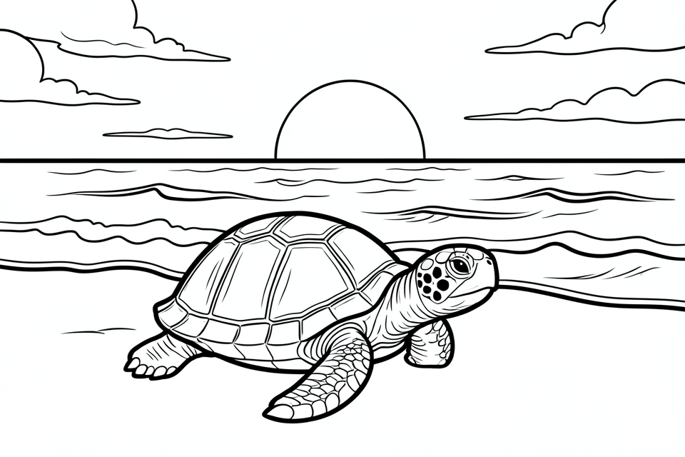 turtle on the beach with a beautiful sunset Coloring page turtle on the beach with a beautiful sunset
