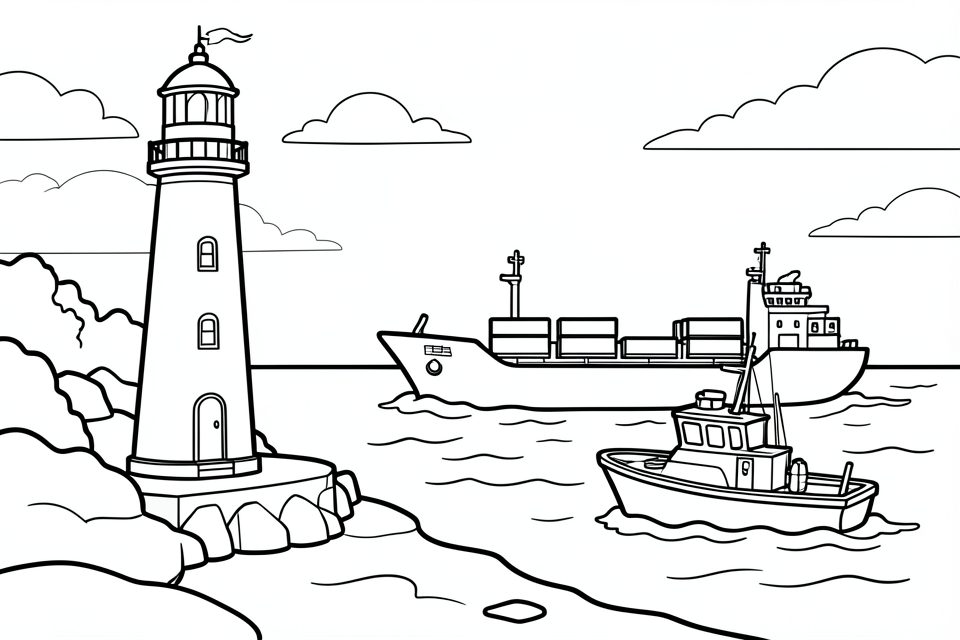 Coloring page a lighthouse in the harbor with ships at sea