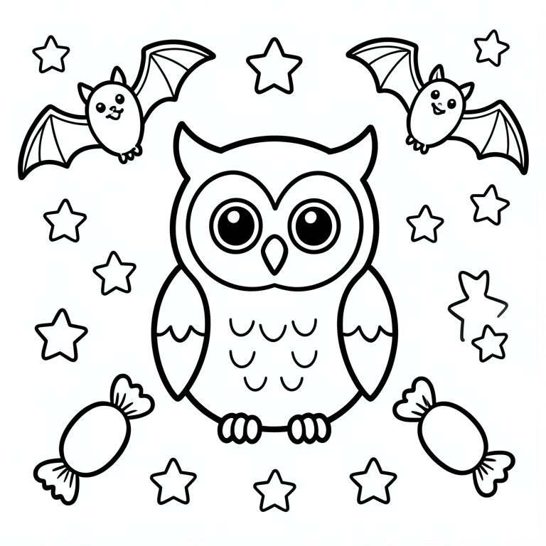 Coloring page cute owl with bats