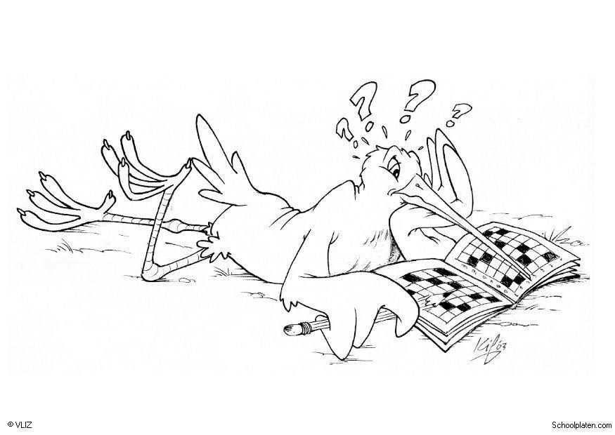 Coloring page bird solving crosswords