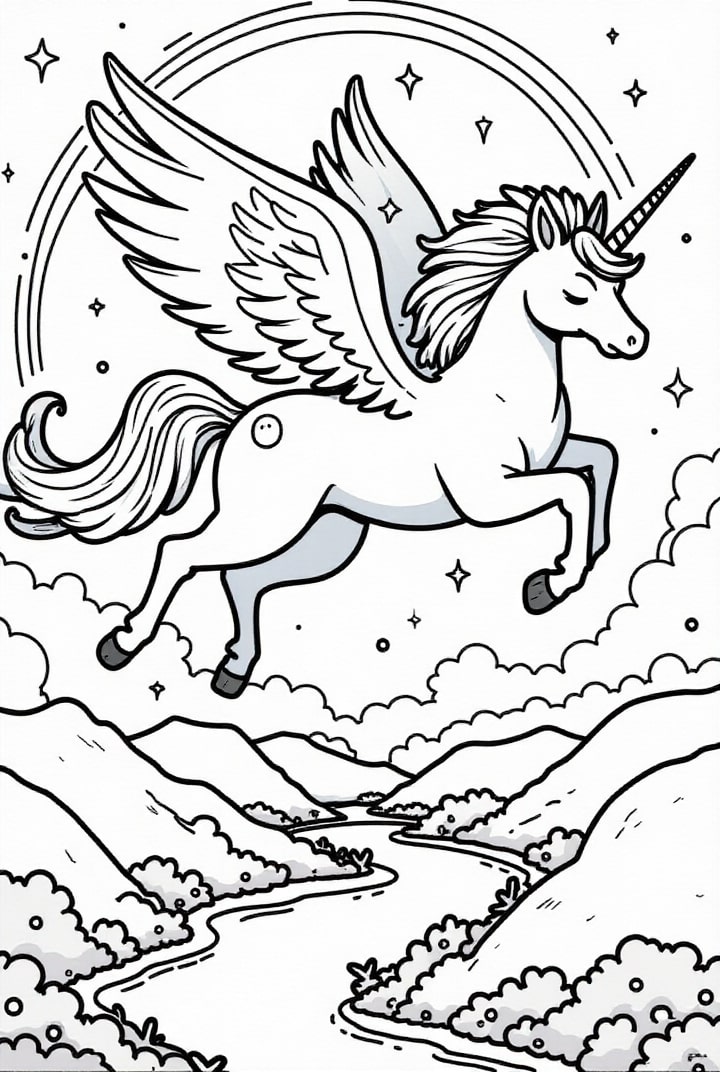 Coloring Page unicorn flying through the sky - Free printables - Img 31950