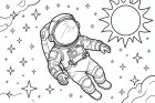 Coloring page astronaut in space with stars and the sun